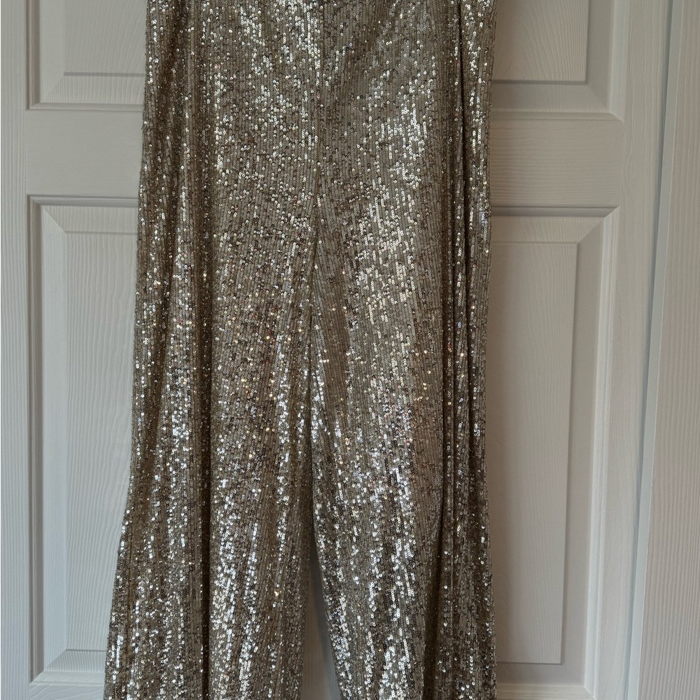 Alexia Admor Glittering Silver Sequin Wide Leg Pants